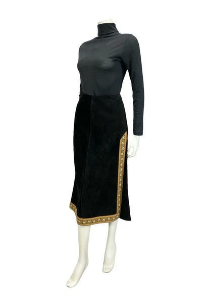 VTG 60S 70S BLACK SUEDE BROWN FOLK HIPPY BOHO FLORAL SIDE SLIT MIDI SKIRT XS 6