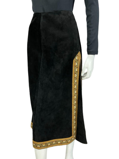 VTG 60S 70S BLACK SUEDE BROWN FOLK HIPPY BOHO FLORAL SIDE SLIT MIDI SKIRT XS 6