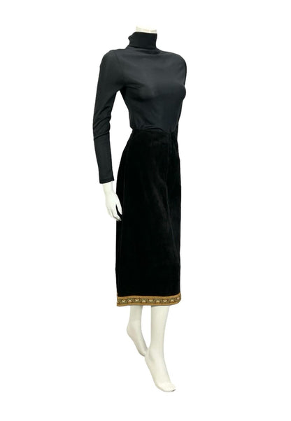 VTG 60S 70S BLACK SUEDE BROWN FOLK HIPPY BOHO FLORAL SIDE SLIT MIDI SKIRT XS 6