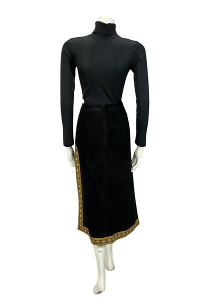 VTG 60S 70S BLACK SUEDE BROWN FOLK HIPPY BOHO FLORAL SIDE SLIT MIDI SKIRT XS 6