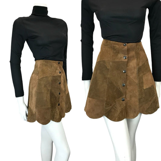 VTG 60S 70S HIPPY BOHO FESTIVAL PATCHWORK SCALLOPED BROWN SUEDE MINI SKIRT 8 10