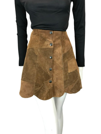 VTG 60S 70S HIPPY BOHO FESTIVAL PATCHWORK SCALLOPED BROWN SUEDE MINI SKIRT 8 10