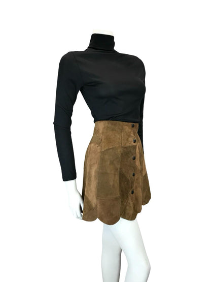 VTG 60S 70S HIPPY BOHO FESTIVAL PATCHWORK SCALLOPED BROWN SUEDE MINI SKIRT 8 10