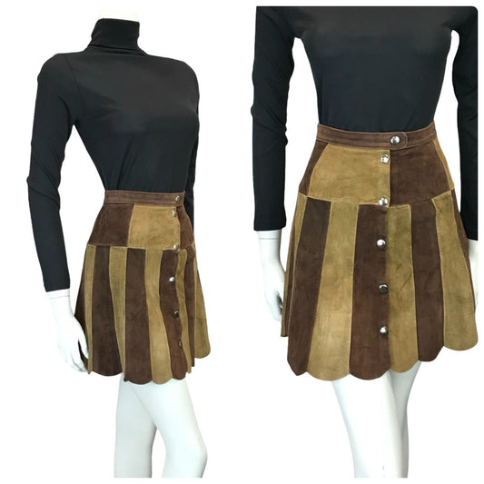 VTG 60S 70S HIPPY TWO TONE BROWN TAN SUEDE SCALLOPED HIPPY BOHO MINI SKIRT 4