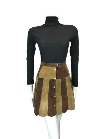 VTG 60S 70S HIPPY TWO TONE BROWN TAN SUEDE SCALLOPED HIPPY BOHO MINI SKIRT 4