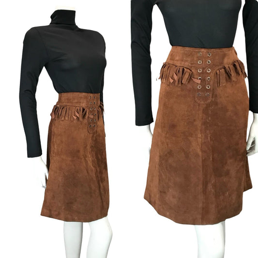 VTG 70S WESTERN COWBOY BROWN SUEDE FRINGE HIPPY BOHO MIDI SKIRT 4 6 XS