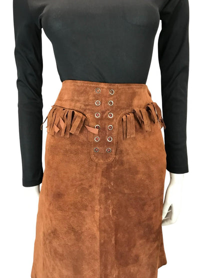 VTG 70S WESTERN COWBOY BROWN SUEDE FRINGE HIPPY BOHO MIDI SKIRT 4 6 XS