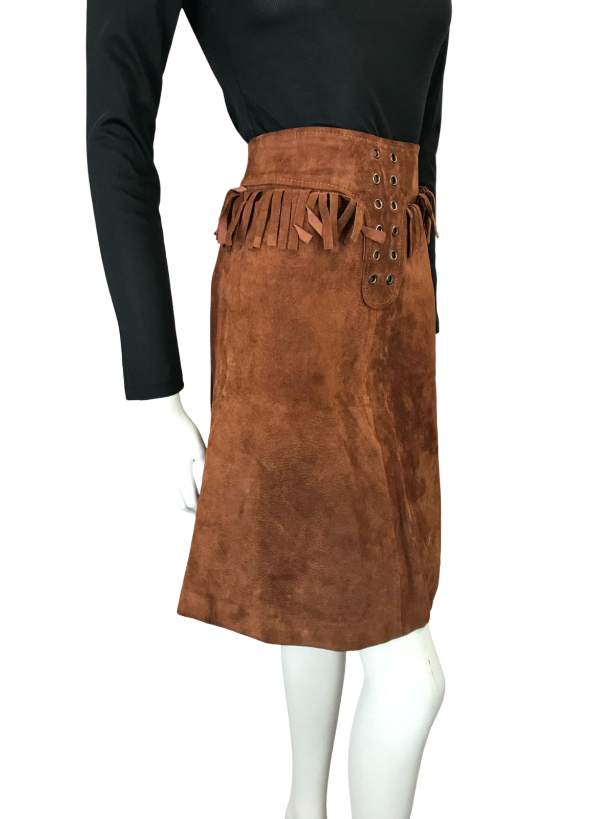 VTG 70S WESTERN COWBOY BROWN SUEDE FRINGE HIPPY BOHO MIDI SKIRT 4 6 XS