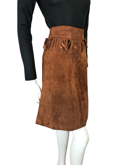 VTG 70S WESTERN COWBOY BROWN SUEDE FRINGE HIPPY BOHO MIDI SKIRT 4 6 XS