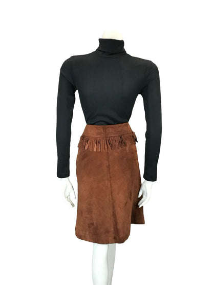 VTG 70S WESTERN COWBOY BROWN SUEDE FRINGE HIPPY BOHO MIDI SKIRT 4 6 XS