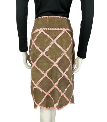 VTG 60S 70S BROWN SUEDE PINK CROCHETED PATCHWORK SCALLOPED HIPPY BOHO SKIRT 6 XS