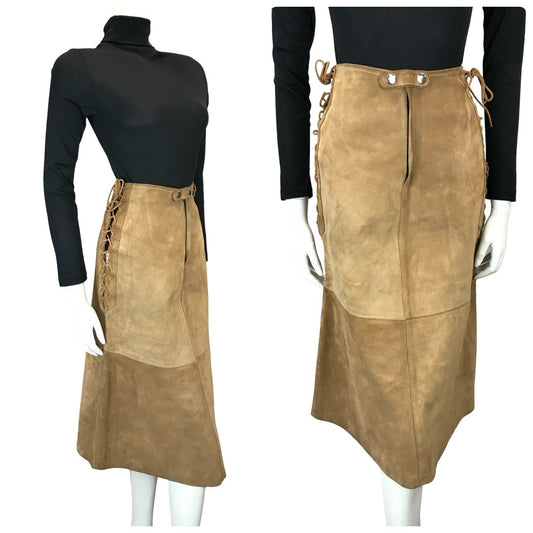 VTG 70S TAN BROWN SUEDE CORSET LACE UP HIPPY BOHO A LINE MIDI SKIRT 4 6 8 XS S