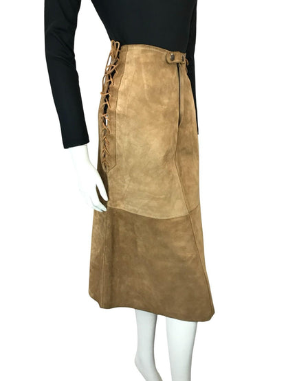 VTG 70S TAN BROWN SUEDE CORSET LACE UP HIPPY BOHO A LINE MIDI SKIRT 4 6 8 XS S