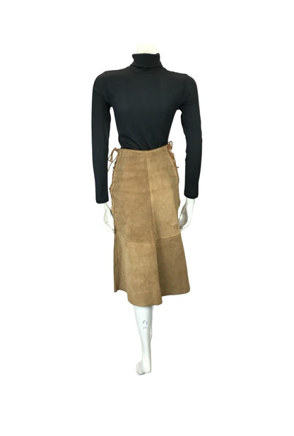 VTG 70S TAN BROWN SUEDE CORSET LACE UP HIPPY BOHO A LINE MIDI SKIRT 4 6 8 XS S