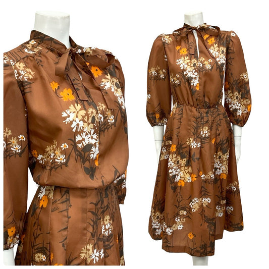 VTG 70S BROWN BEIGE ORANGE WHITE FLORAL PUSSYBOW HOURGLASS MIDI DRESS 10