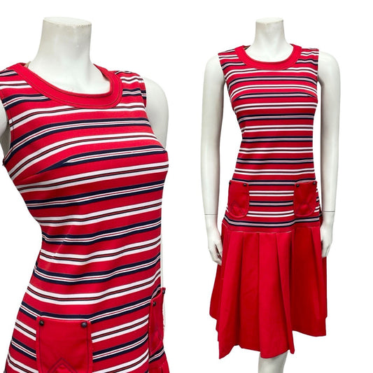 VTG 60S PENNY LANE RED WHITE NAVY BLUE MOD DROPPED WAIST PLEATED SHIFT DRESS 12