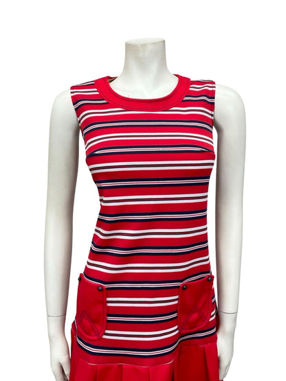 VTG 60S PENNY LANE RED WHITE NAVY BLUE MOD DROPPED WAIST PLEATED SHIFT DRESS 12