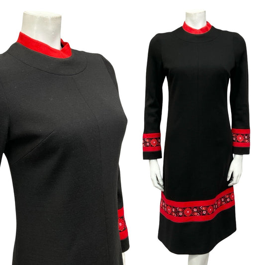 VTG 60S MOD FOLK BLACK RED FLORAL MANDARIN COLLAR SHIFT MIDI DRESS 10
