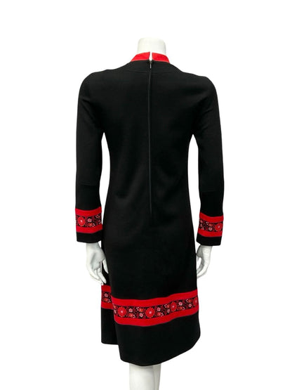 VTG 60S MOD FOLK BLACK RED FLORAL MANDARIN COLLAR SHIFT MIDI DRESS 10