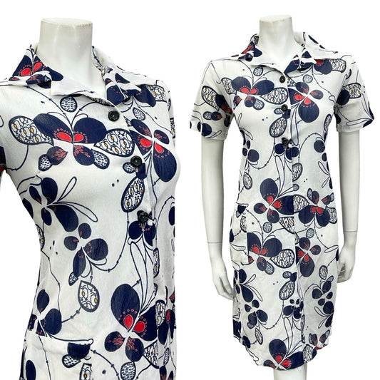 VTG 60S JAPANESE WHITE RED NAVY BLUE PSYCHEDELIC SHIRT SHIFT DRESS 12