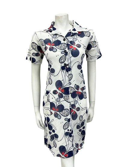 VTG 60S JAPANESE WHITE RED NAVY BLUE PSYCHEDELIC SHIRT SHIFT DRESS 12