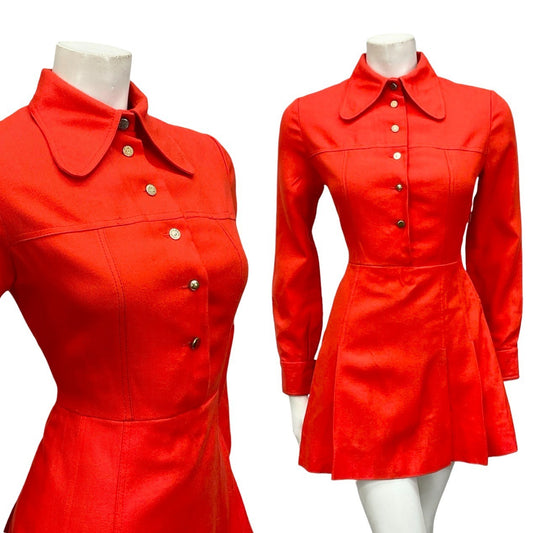 VTG 60S MOD MONOCHROME BRIGHT RED DOG EAR COLLAR PLEATED MINI SHIRT DRESS XS 6