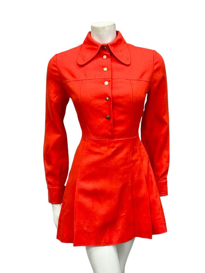 VTG 60S MOD MONOCHROME BRIGHT RED DOG EAR COLLAR PLEATED MINI SHIRT DRESS XS 6