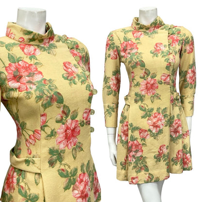 VTG 60S MOD GOGO BEIGE PINK GREEN ROSE FLORAL FUNNEL PLEATED SHIFT DRESS 8