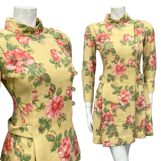 VTG 60S MOD GOGO BEIGE PINK GREEN ROSE FLORAL FUNNEL PLEATED SHIFT DRESS 8