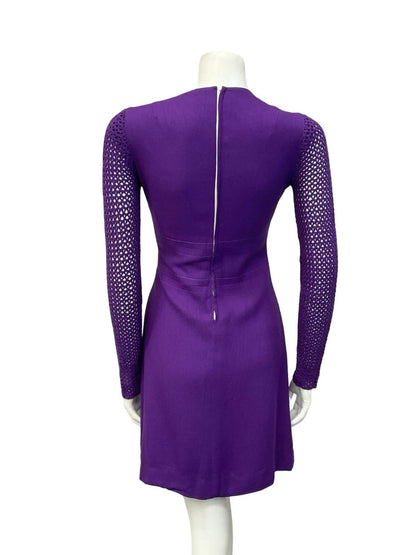 VTG 60S 70S DEEP PURPLE CROCHET MOD GOGO PARTY MONOCHROME MINI DRESS 8 10 S
