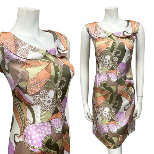*VTG 60S MOD GREEN PINK WHITE ORANGE PSYCHEDELIC PETER PAN COLLAR SHIFT DRESS 12
