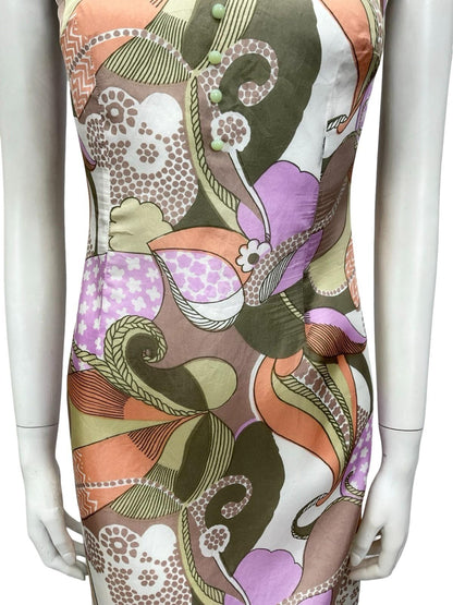 *VTG 60S MOD GREEN PINK WHITE ORANGE PSYCHEDELIC PETER PAN COLLAR SHIFT DRESS 12