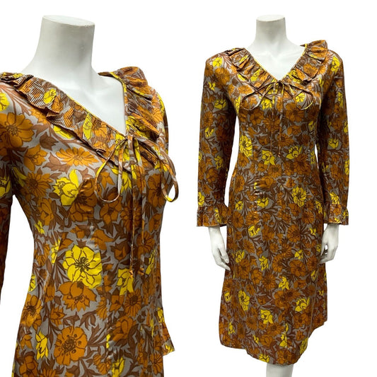 VTG 60S 70S MOD GREY BROWN YELLOW RUFFLE V NECK SHIFT MIDI DRESS 12 14 M