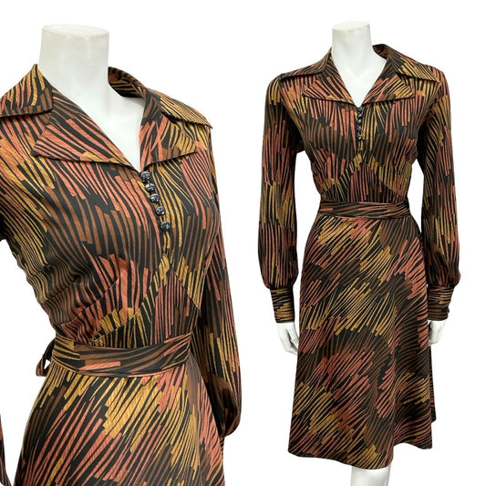VTG 70S BLACK BROWN BEIGE GEOMETRIC STRIPED DAGGER NOTCH LAPEL SHIRT DRESS 14