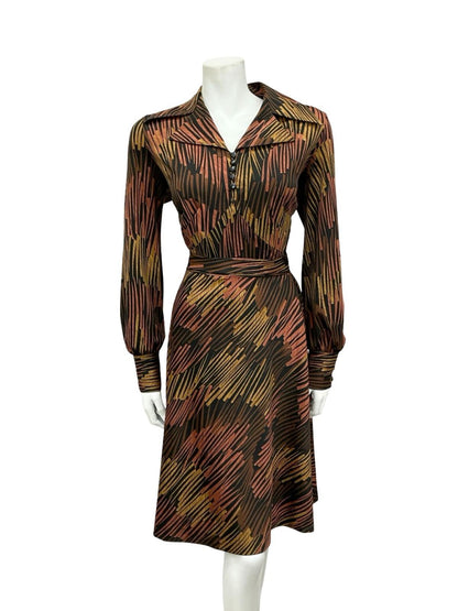 VTG 70S BLACK BROWN BEIGE GEOMETRIC STRIPED DAGGER NOTCH LAPEL SHIRT DRESS 14