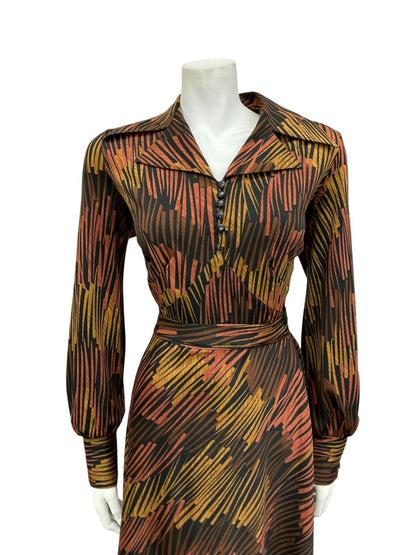 VTG 70S BLACK BROWN BEIGE GEOMETRIC STRIPED DAGGER NOTCH LAPEL SHIRT DRESS 14
