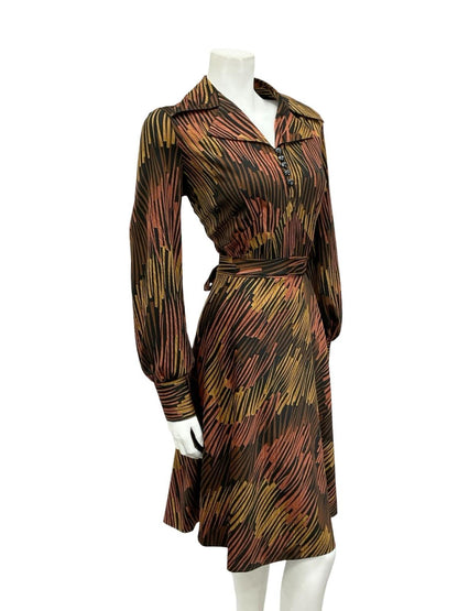 VTG 70S BLACK BROWN BEIGE GEOMETRIC STRIPED DAGGER NOTCH LAPEL SHIRT DRESS 14