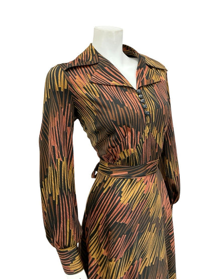 VTG 70S BLACK BROWN BEIGE GEOMETRIC STRIPED DAGGER NOTCH LAPEL SHIRT DRESS 14