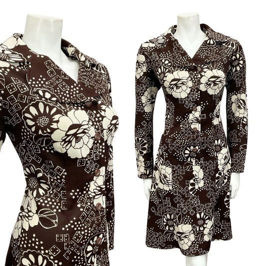 VTG 60S 70S BROWN WHITE FLORAL ROUNDED NOTCH LAPEL COLLAR  SHIRT DRESS 10