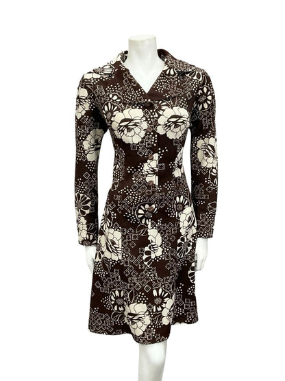 VTG 60S 70S BROWN WHITE FLORAL ROUNDED NOTCH LAPEL COLLAR  SHIRT DRESS 10
