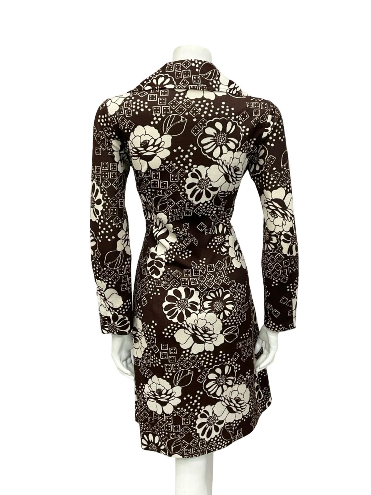 VTG 60S 70S BROWN WHITE FLORAL ROUNDED NOTCH LAPEL COLLAR  SHIRT DRESS 10