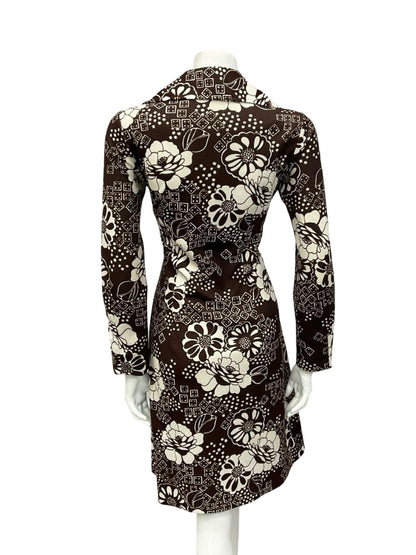 VTG 60S 70S BROWN WHITE FLORAL ROUNDED NOTCH LAPEL COLLAR  SHIRT DRESS 10