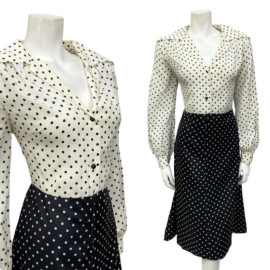 VTG 70S BLACK WHITE TWO TONE POLKA DOT OPEN WING COLLAR SHIRT DRESS 12 14 M