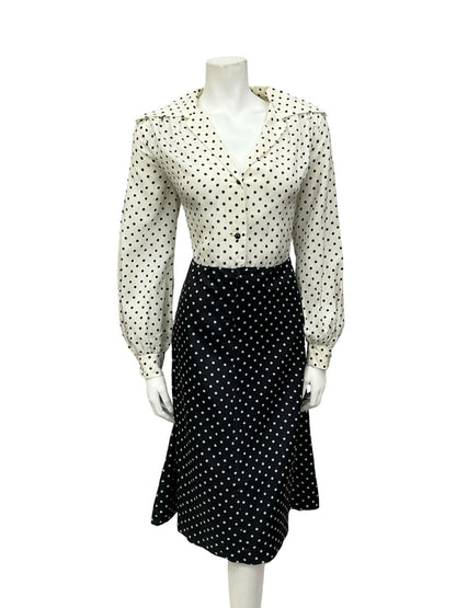 VTG 70S BLACK WHITE TWO TONE POLKA DOT OPEN WING COLLAR SHIRT DRESS 12 14 M