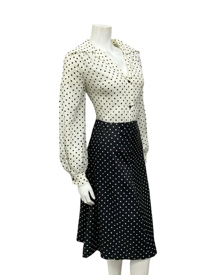 VTG 70S BLACK WHITE TWO TONE POLKA DOT OPEN WING COLLAR SHIRT DRESS 12 14 M