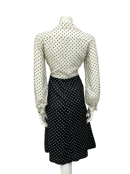 VTG 70S BLACK WHITE TWO TONE POLKA DOT OPEN WING COLLAR SHIRT DRESS 12 14 M