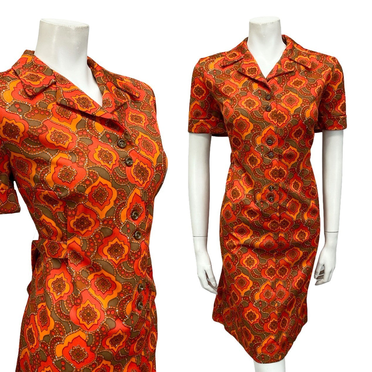 VTG 60S ORANGE BROWN PSYCHEDELIC GEOMETRIC MOD DAGGER NOTCH LAPEL SHIFT DRESS 16