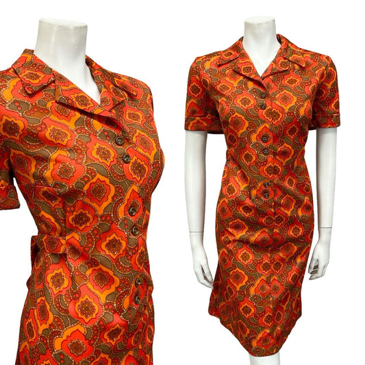 VTG 60S ORANGE BROWN PSYCHEDELIC GEOMETRIC MOD DAGGER NOTCH LAPEL SHIFT DRESS 16