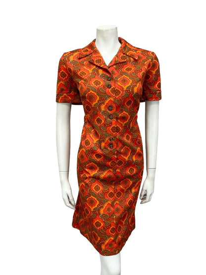 VTG 60S ORANGE BROWN PSYCHEDELIC GEOMETRIC MOD DAGGER NOTCH LAPEL SHIFT DRESS 16