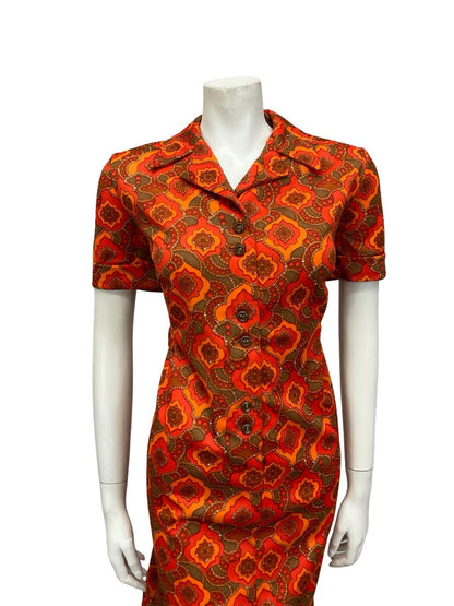 VTG 60S ORANGE BROWN PSYCHEDELIC GEOMETRIC MOD DAGGER NOTCH LAPEL SHIFT DRESS 16